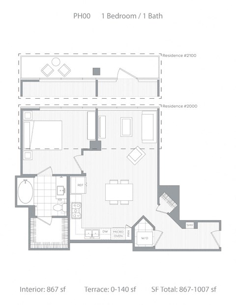 Floor plan for 1 bed, 1 bath, 867 sqft